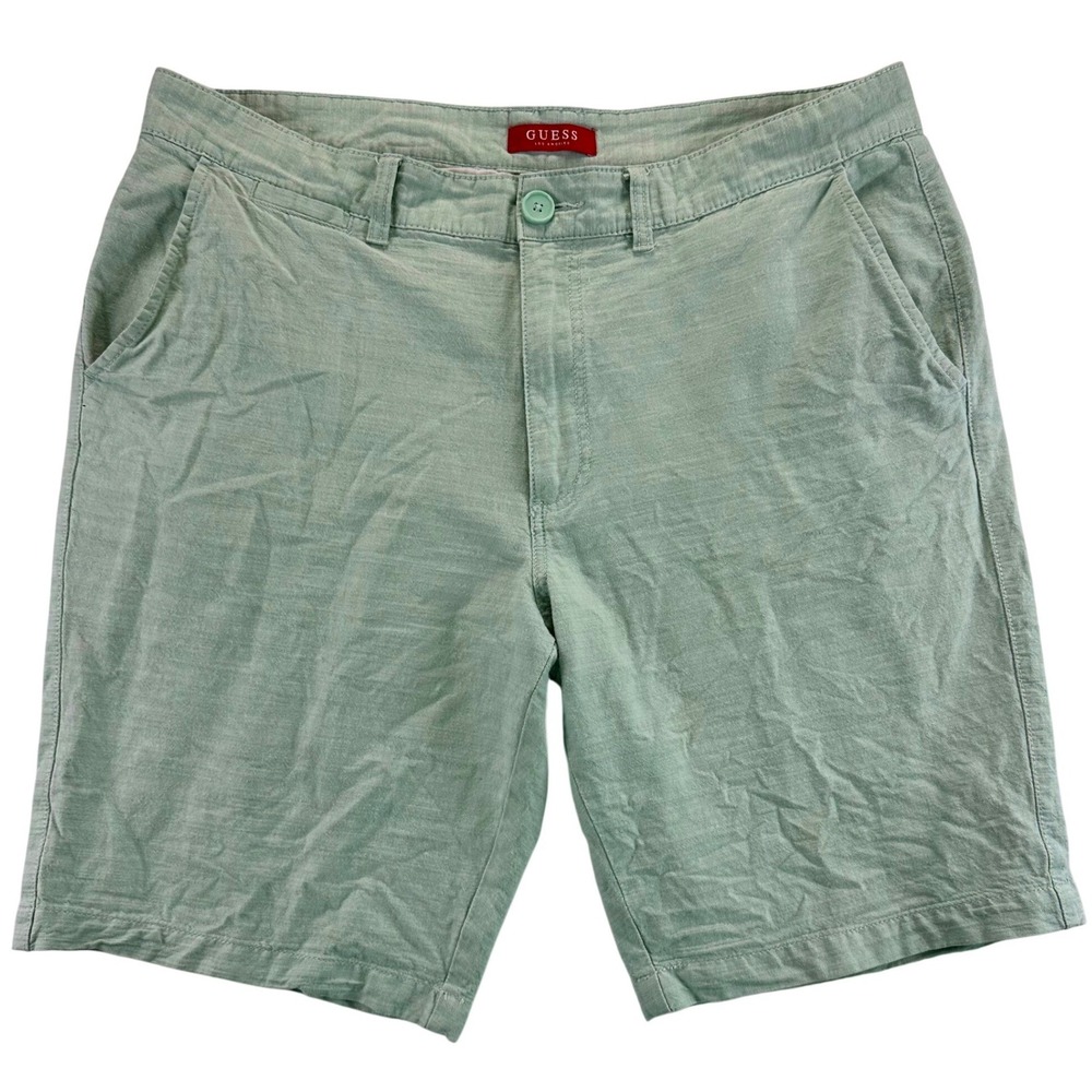 Guess Los Angeles Mens Chino Shorts Sage Green Cotton Slub Size 38 100% Cotton